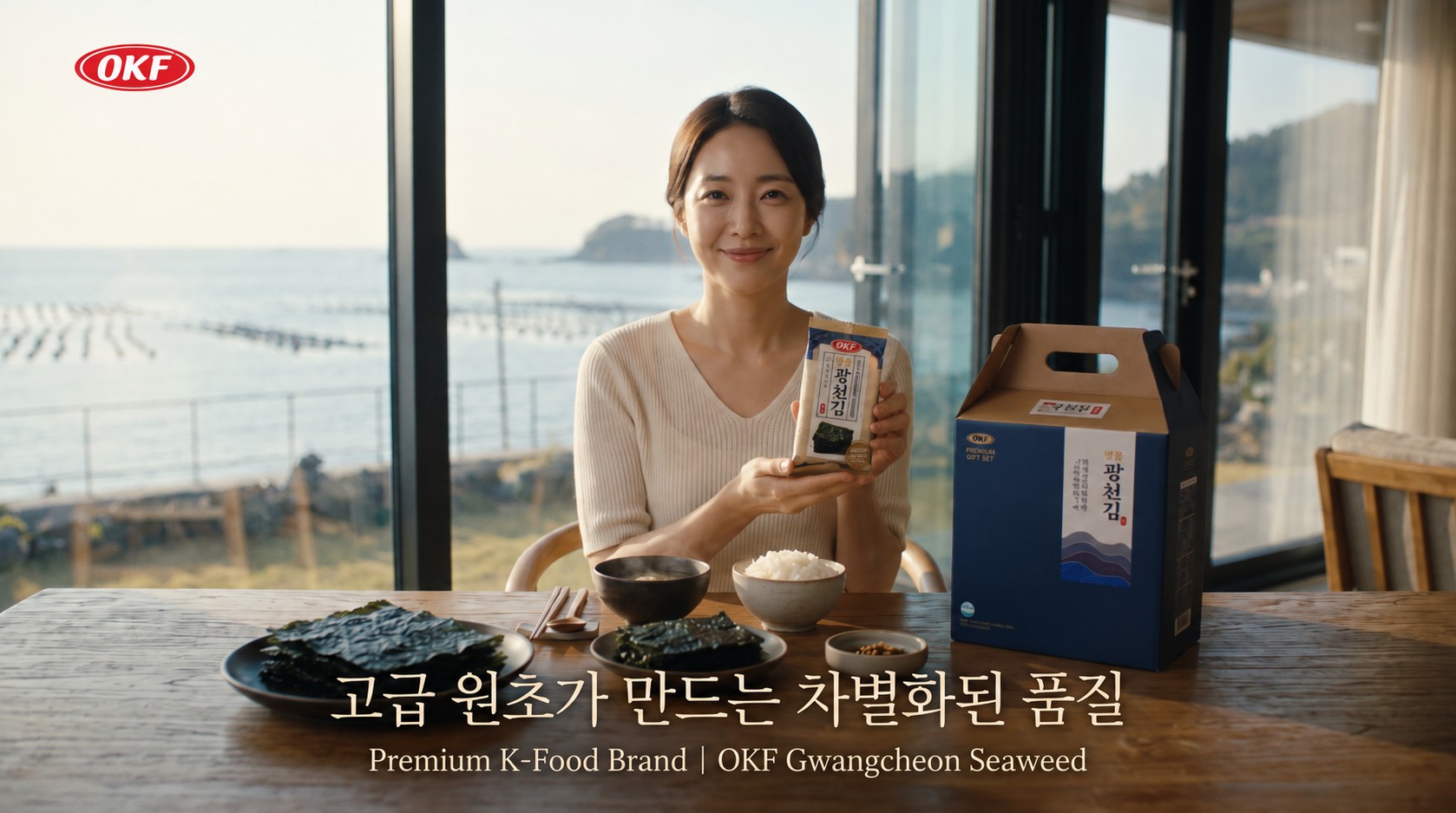 Holding OKF Korean Gim gift set at the table